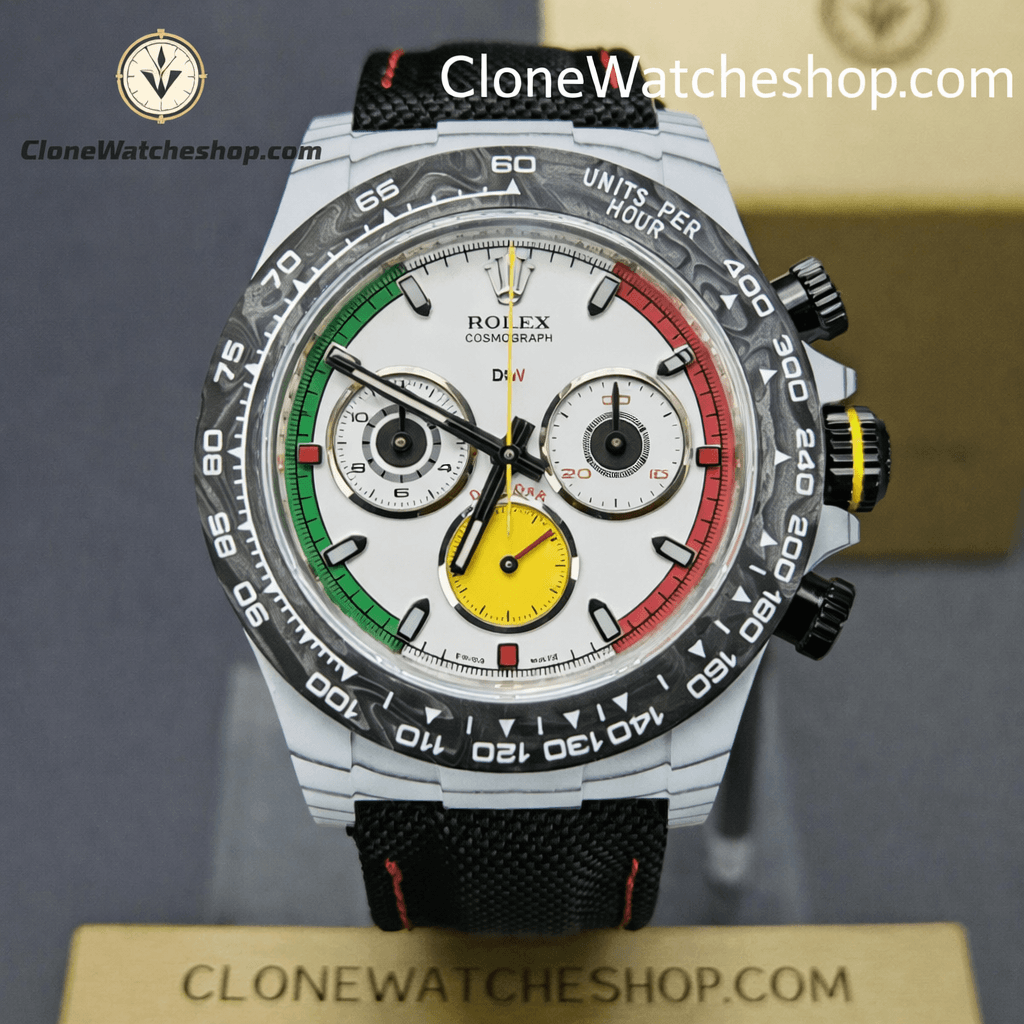 Modified DiW Rolex Daytona CarboQuartz 4130 Movement Black Strap